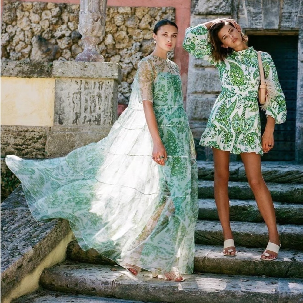 STAUD Cocoon Tiered Organza Paisley Print Maxi Dress Blue Green NEW with tags - Picture 2 of 15